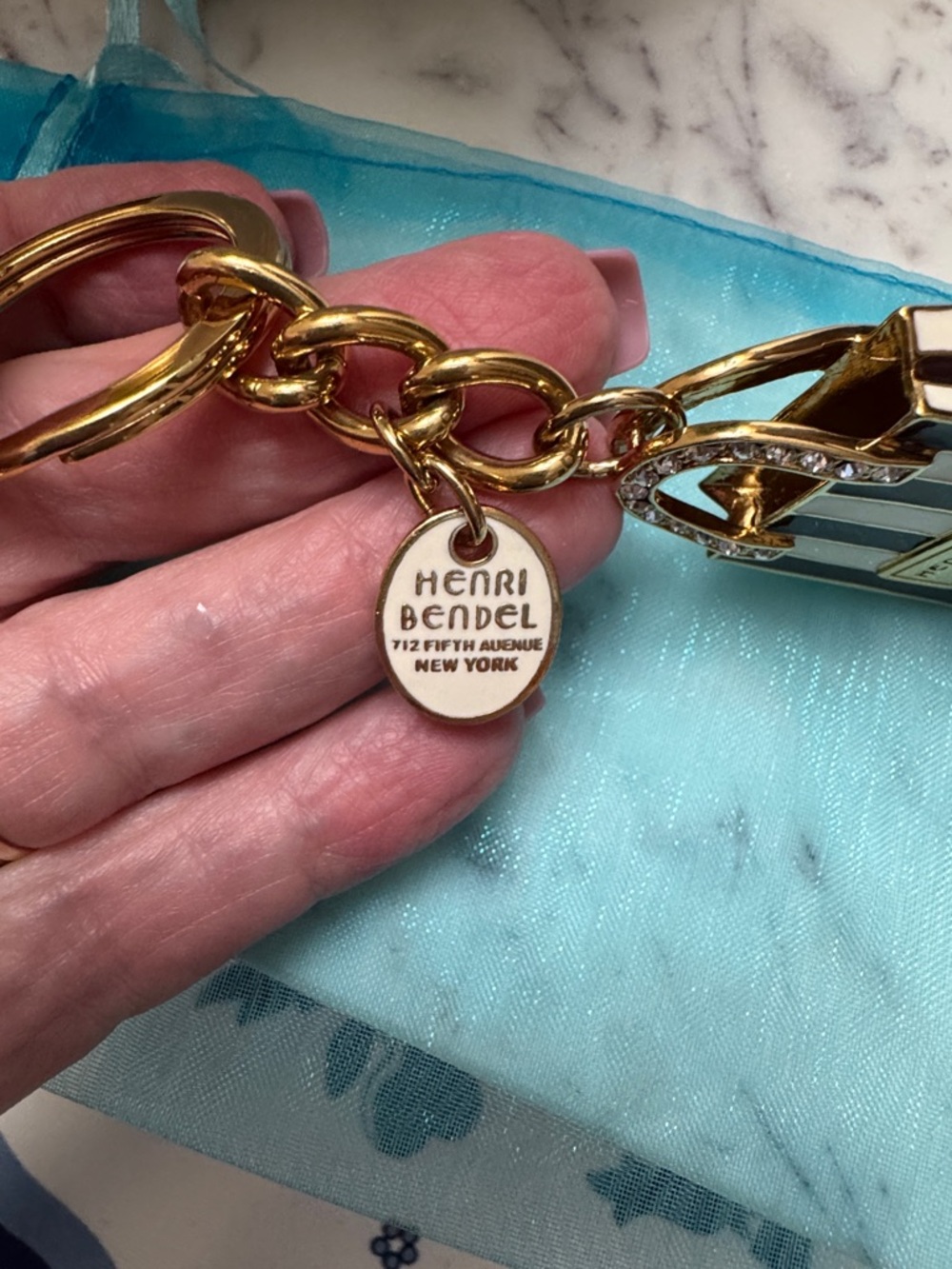henri bendel Striped Mini Bag Keychain / Bag Charm Brown & White with Gold NWOT - Picture 7 of 8